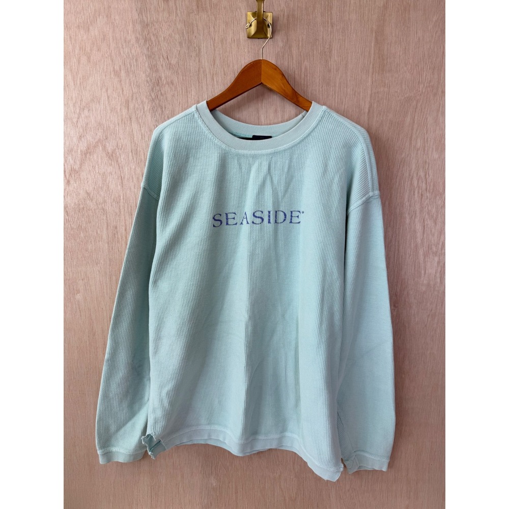 Seaside Waffle Knit Pullover Sweatshirt Mint Green Distressed Thermal Top